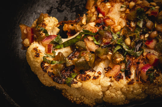 Charred Jalapeno-Basil Vinaigrette Over Pan-Seared Cauliflower Steak